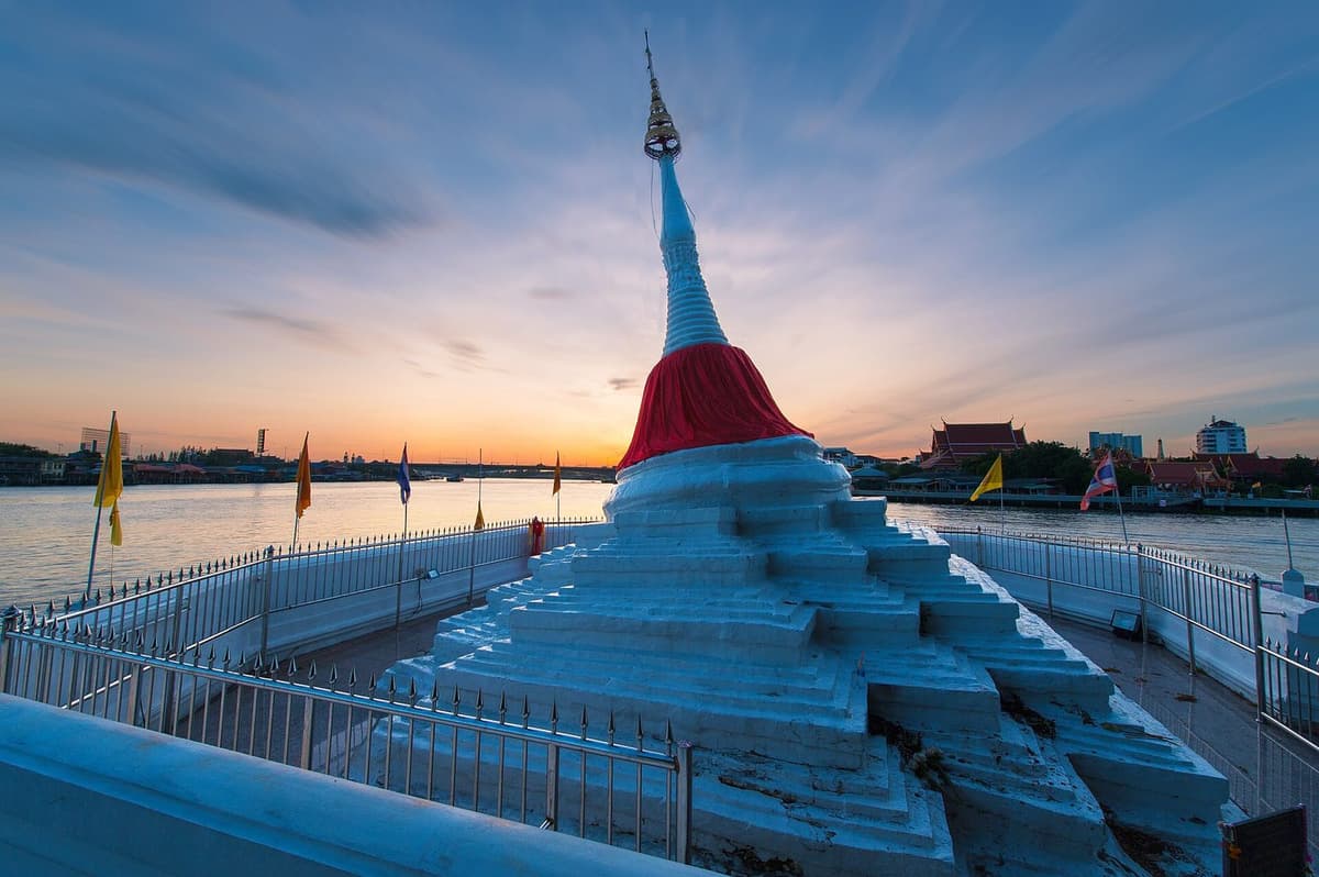 พระเจดีย์เอียงริมแม่น้ำที่วัดปรมัยยิกาวาส เกาะเกร็ด